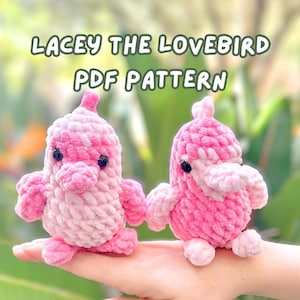 May include: Two pink crocheted lovebird plush toys. The toys are made with a soft, fuzzy yarn and have black eyes. The toys are sitting on a person's hand. The image includes the text "LACEY THE LOVEBIRD PDF PATTERN".