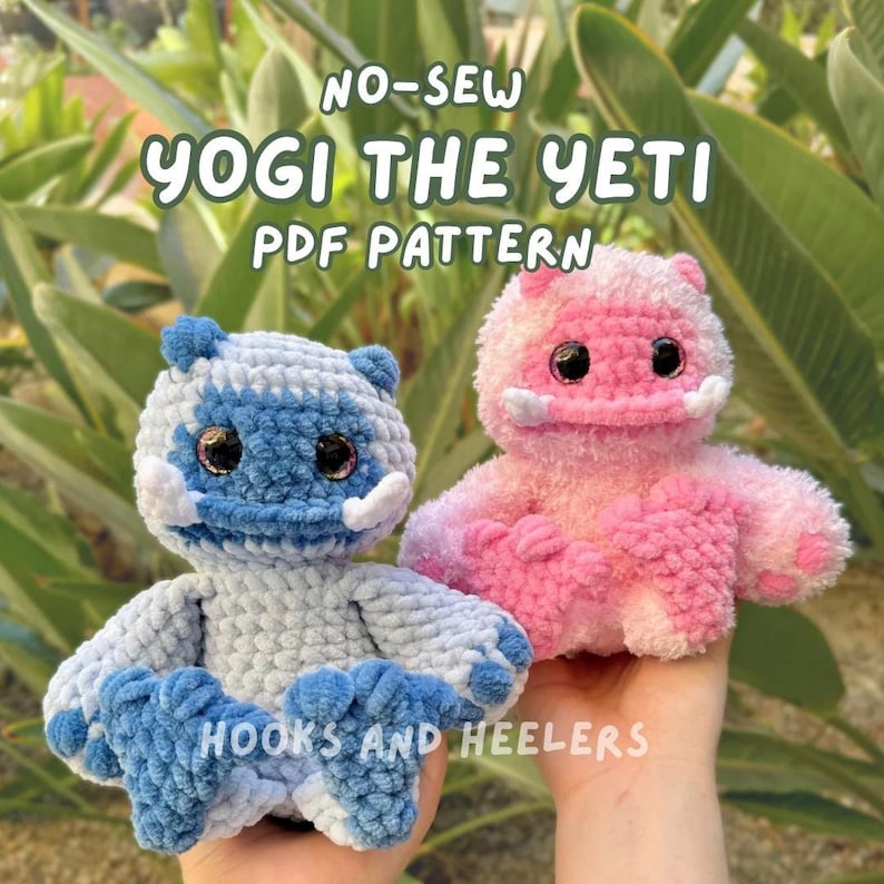 May include: Two crocheted Yeti plush toys, one blue and one pink, with the text "NO-SEW YOGI THE YETI PDF PATTERN" above them.