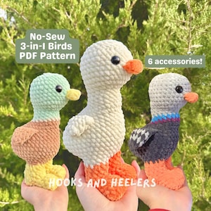 May include: Three crocheted bird amigurumi patterns, a goose, a duck, and a robin, with orange, yellow, green, and gray yarn. The pattern is no-sew and includes 6 accessories. The text "No-Sew 3-in-1 Birds PDF Pattern" and "6 accessories!" is visible in the image. The text "HOOKS AND HEELERS" is also visible in the image.