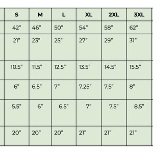 May include: A size chart with measurements in inches for XS to 5XL. Measurements include bust, back panel width, front panel, armhole depth, sleeve length, and total length.