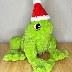 May include: A plush green frog wearing a red and white Santa hat. The frog has large black eyes and is sitting on a wooden surface. The text "HOOKS AND HEELERS" is visible on the frog's leg. A festive, handmade item.