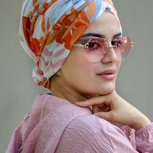 Beautiful Colorful Light Spring Floral Turban with Matching Styling Scrunchy - Hijab Tichel Snood Chemo Cap