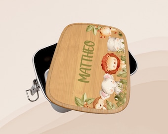 Boîte à lunch personnalisée avec nom | Boîte à lunch avec couvercle en bambou, boîtier en étain | Cadeau pour la maternelle, la garderie, l'école | Boîte à lunch personnalisée