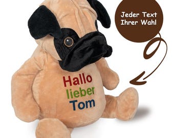 Kuscheltier - Mops Parker - Hochwertig bestickt mit personalisiertem Text