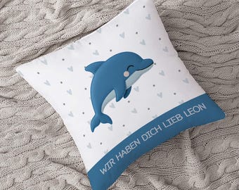 Personalisiertes Kissen „Schlummer Delfin“ – Kuschelweich in Stick-Optik