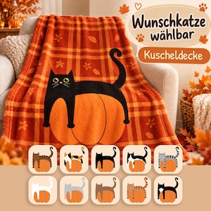 May include: An orange and brown plaid fleece blanket featuring a black cat draped over a large orange pumpkin. The blanket includes small leaf patterns and a graphic overlay showing ten different cat color and pattern options for customization.