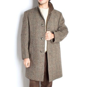 Men's Muller Gray Melange Herringbone Coat Vintage Overcoat Colorful Spot Classic Line Front Button Closure Pure Wool Fabric Medium Size