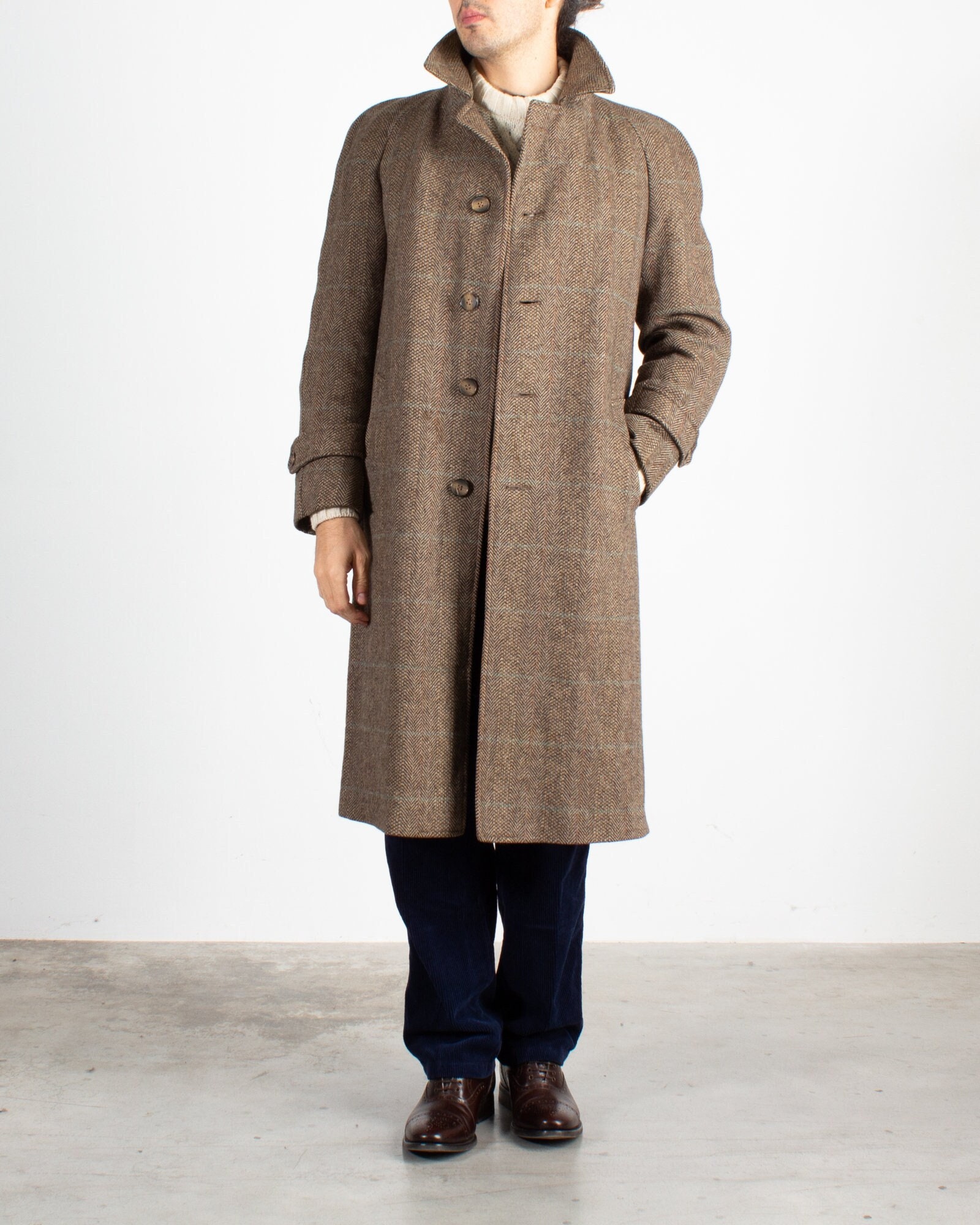 Men's Biagetti Brownish Checked Tweed Coat Vintage 80s 90s