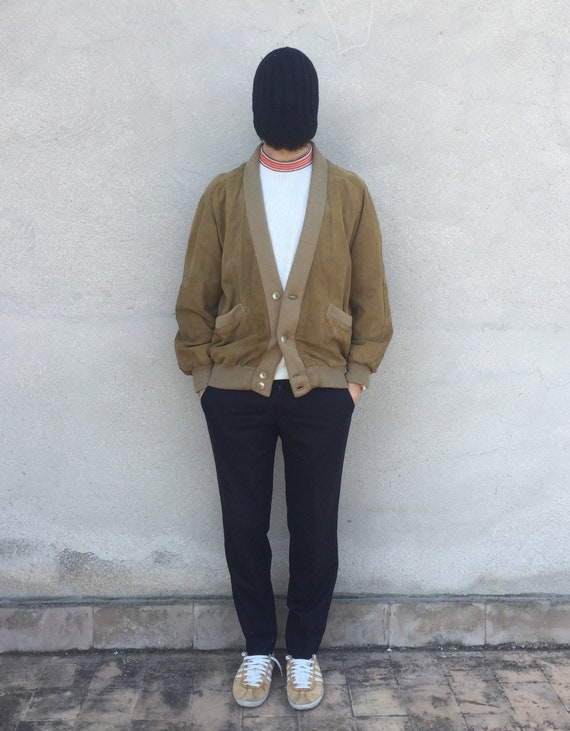 Men's Suede Leather Linen Bands Cardigan Jacket