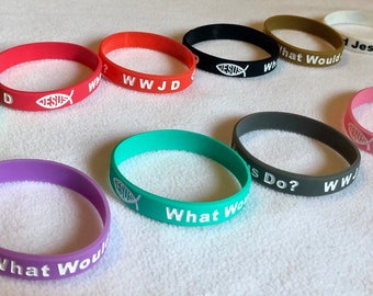 12 WWJD ¿Qué haría Jesús? Pulseras de caucho de silicona Pulseras Lote a granel Joyería religiosa cristiana Calidad genuina Vendedor estadounidense Bandas de oración