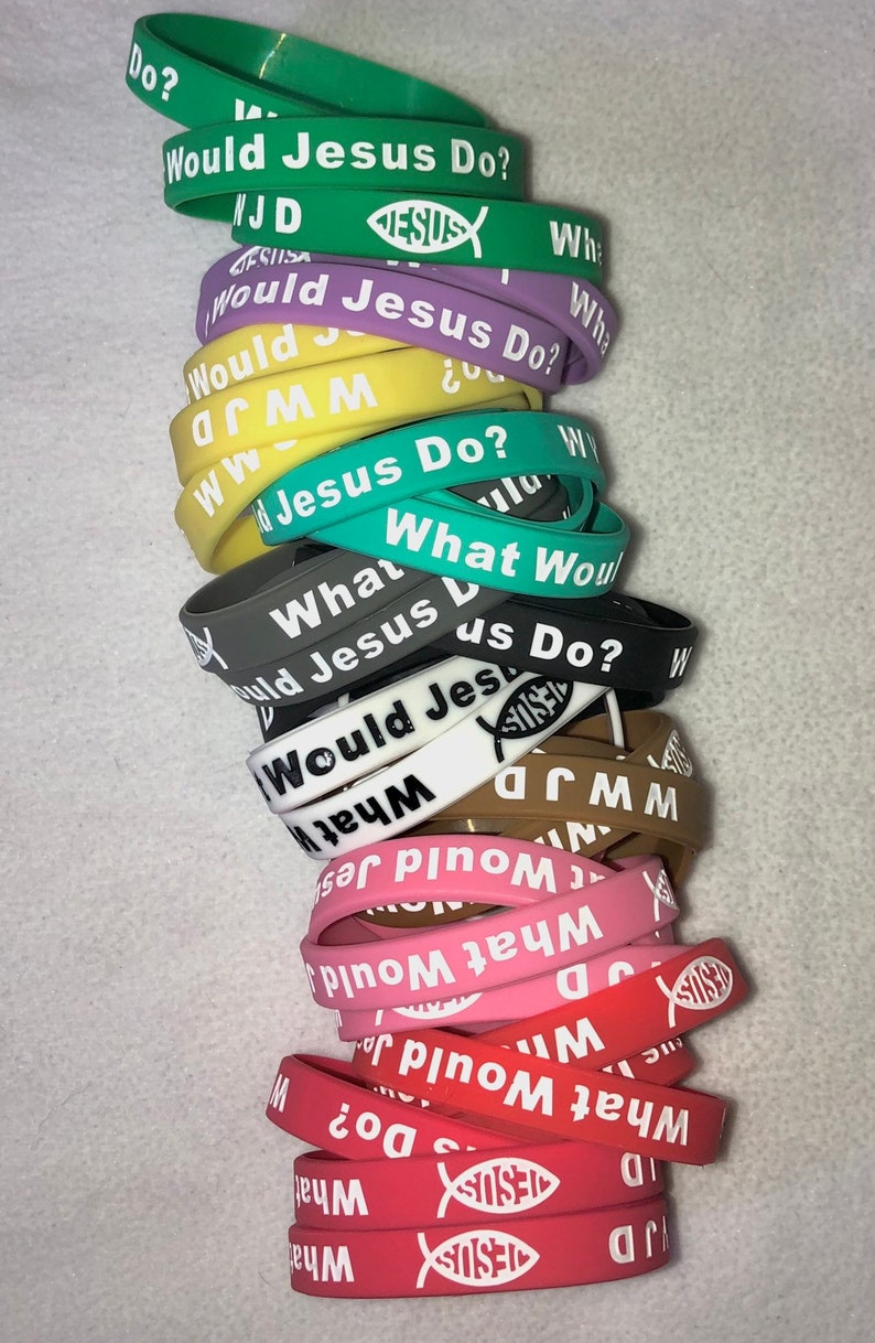 12 WWJD, was würde Jesus Silikongummi-Armbänder-Manschetten-Schenkelmenge christlicher religiöser Schmuck echte Qualität US-Verkäufer Gebetsbänder tun Bild 2