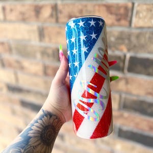 Customized U.S Flag Stanley Glitter Tumbler, 40 oz Personalized USA Tumbler, Fourth of July Epoxy Tumbler, 4th of July Stanley Tumbler