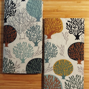 May include: Two rectangular fabric covers featuring a repeating pattern of stylized trees in shades of teal, mustard yellow, dark brown, and black on an off-white background. The covers have visible stitched edges and a textured woven appearance.