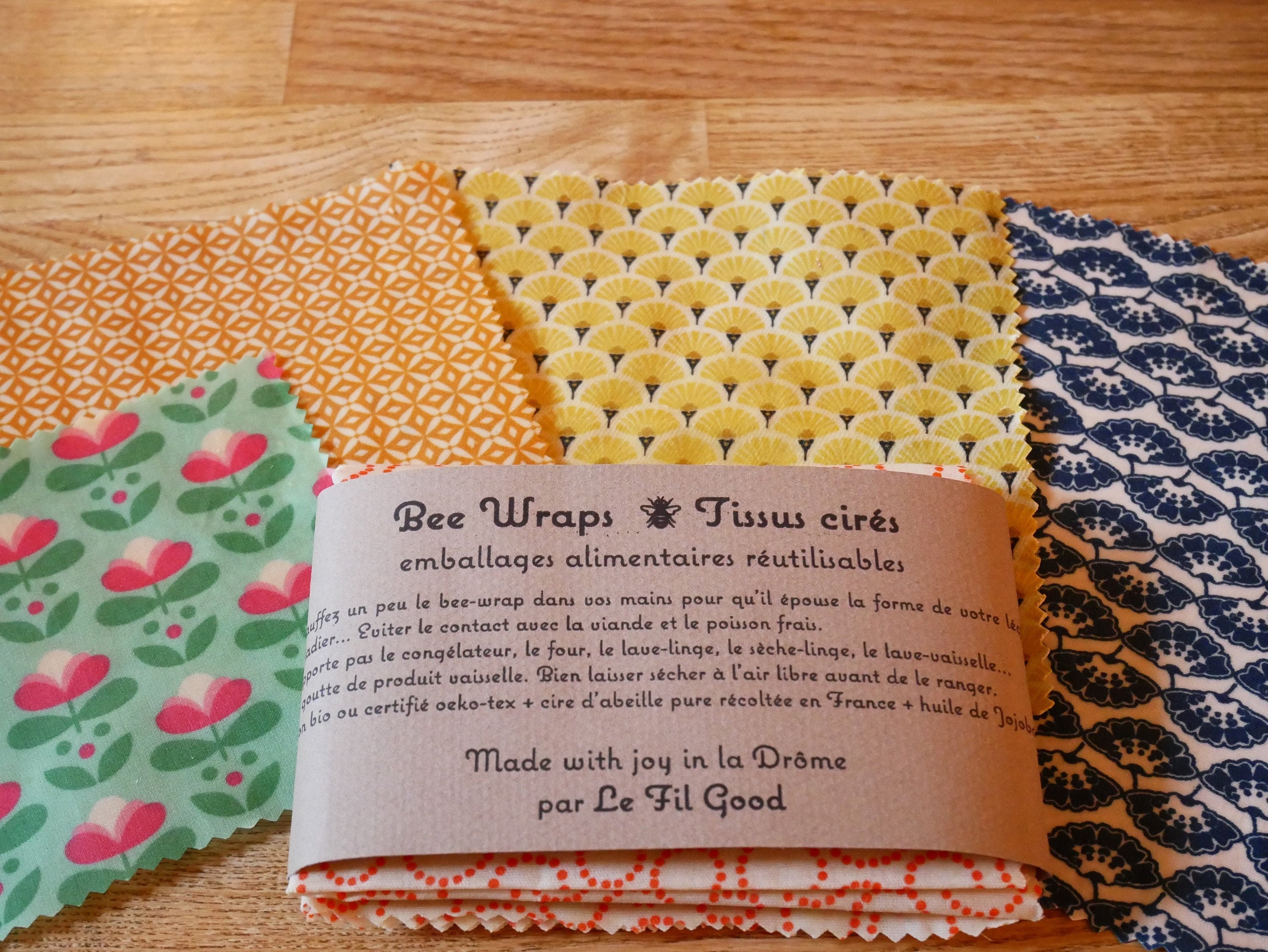 Emballage Alimentaire en Cire d'abeille Bio/Beewraps Lot de 3 ou 4 Tailles Personnalisable Fait Main