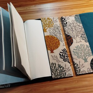 May include: A fabric notebook cover featuring a cream-colored exterior with a repeating pattern of stylized coral and trees in shades of mustard yellow, teal, and black, paired with a solid teal interior lining and a small white brand tag.