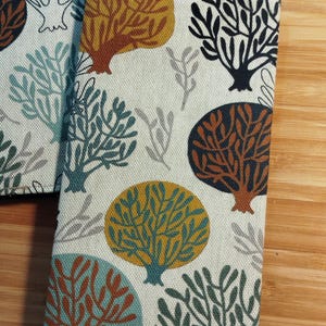 May include: A rectangular fabric cover featuring a repeating pattern of stylized trees in shades of mustard yellow, teal, rust orange, black, and grey on an off-white background. The textile has a visible woven texture and stitched edges.