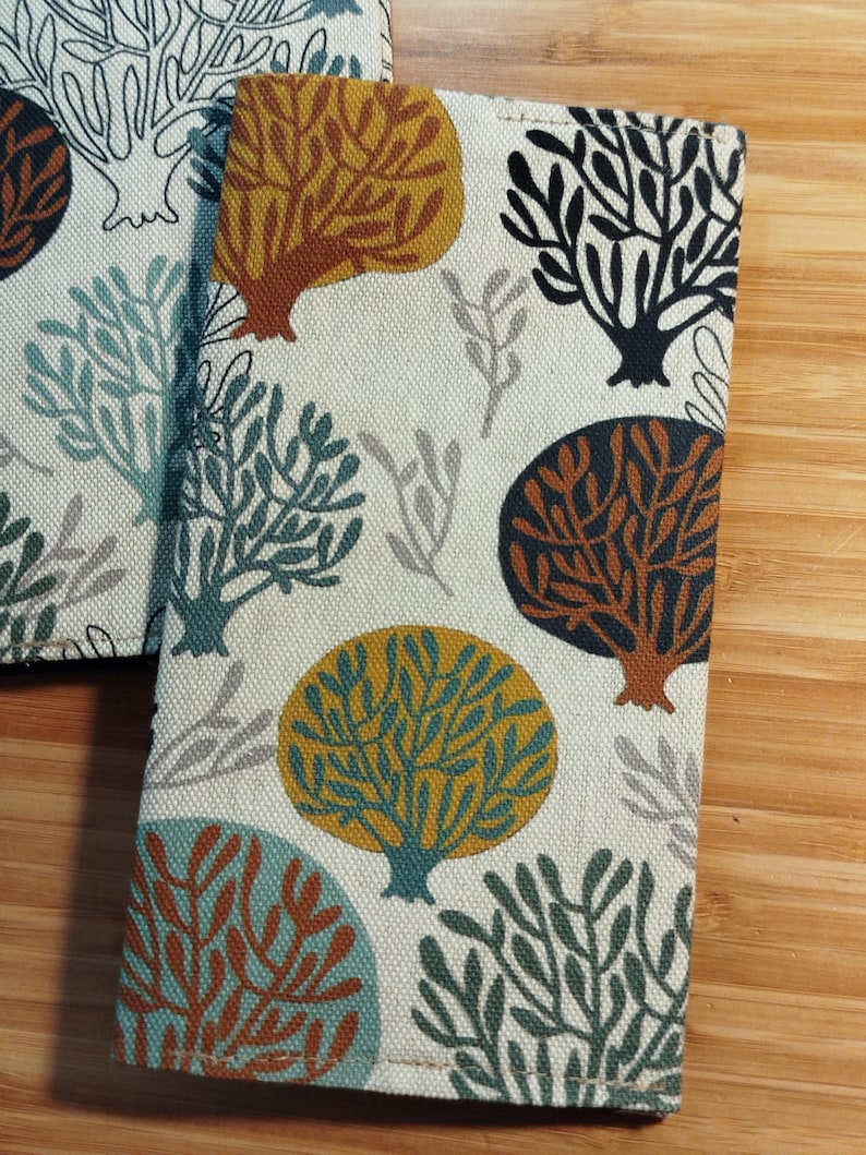 May include: A rectangular fabric cover featuring a repeating pattern of stylized trees in shades of mustard yellow, teal, rust orange, black, and grey on an off-white background. The textile has a visible woven texture and stitched edges.