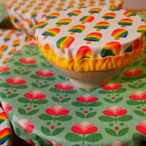Peut inclure: Un ensemble de couvre-bols en tissu coloré. Les couvercles présentent un motif de sucettes arc-en-ciel et un motif floral vert. Les couvercles sont en coton et sont réutilisables.