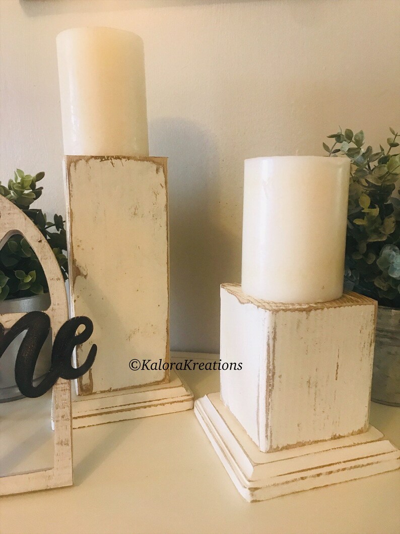 FREE SHIPPING 2 Chunky Farmhouse Pillar Candle Stands Wood Etsy