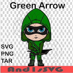 May include: Green Arrow, a superhero, is depicted in a cartoon style. He is wearing a green hooded costume, a black mask, and holding a bow and arrow. The background is a checkered pattern.