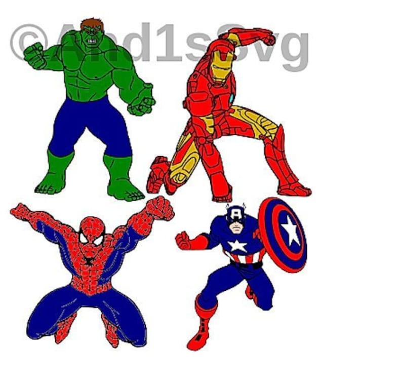 K&ouml;nnte beinhalten: Vier Superhelden-Charaktere: Hulk, Iron Man, Spiderman und Captain America. Hulk ist gr&uuml;n und hat einen muskul&ouml;sen K&ouml;rperbau. Iron Man ist rot und gold mit einem Helm. Spiderman ist rot und blau mit einem Spinnennetz-Design. Captain America ist rot, wei&szlig; und blau mit einem Stern auf der Brust und einem Schild.