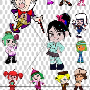 May include: A collection of cartoon characters from the movie Wreck-It Ralph. The characters include Vanellope von Schweetz, King Candy, and several other characters from the game Sugar Rush.