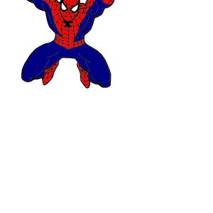K&ouml;nnte beinhalten: Ein roter und blauer Superheld, Spiderman, ist in der Luft mit ausgestreckten Armen zu sehen. Er tr&auml;gt einen roten und blauen Anzug mit einem Spinnenlogo auf der Brust.