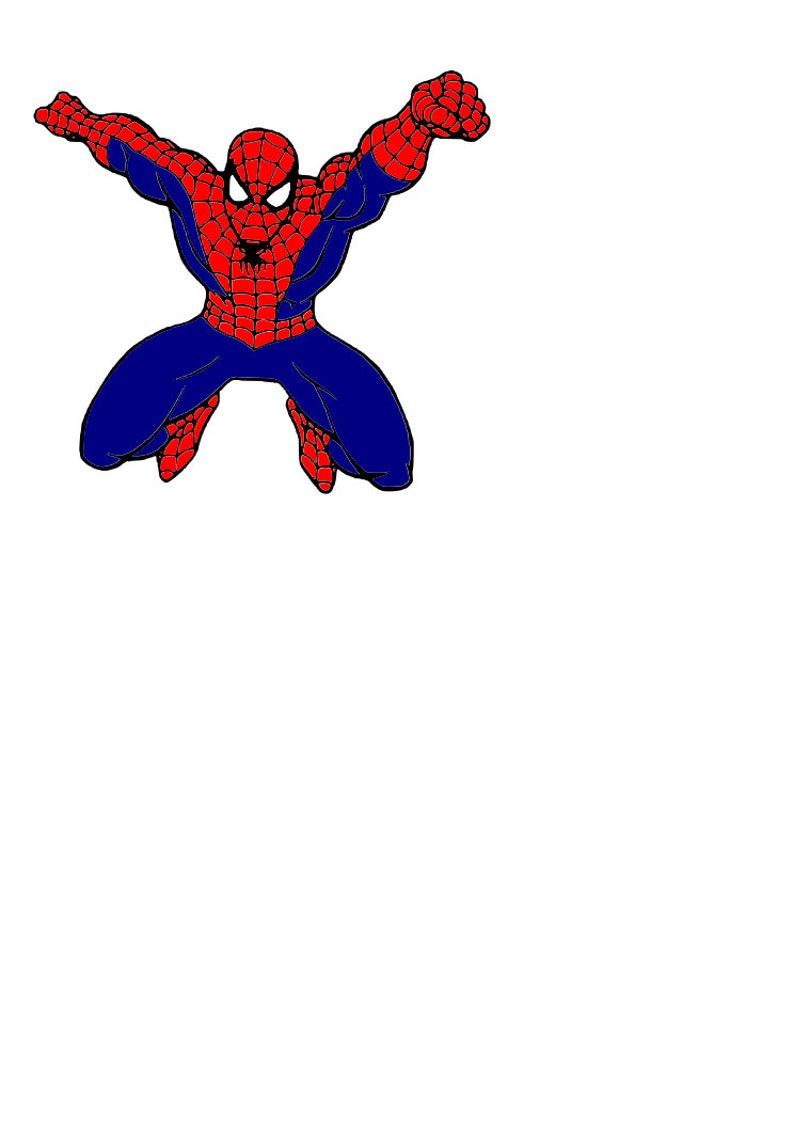 K&ouml;nnte beinhalten: Ein roter und blauer Superheld, Spiderman, ist in der Luft mit ausgestreckten Armen zu sehen. Er tr&auml;gt einen roten und blauen Anzug mit einem Spinnenlogo auf der Brust.