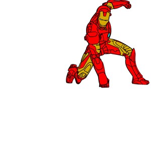 K&ouml;nnte beinhalten: Eine rote und goldene Superheldenfigur in einer dynamischen Pose, mit einem erhobenen Arm und dem anderen Arm, der im Ellbogen gebeugt ist. Die Figur tr&auml;gt einen Helm mit einer roten Gesichtsmaske und einem gelben Brustst&uuml;ck.