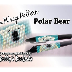 May include: Pen wrap pattern for a polar bear. The pattern is shown on two pens with a teal background. The pattern is an original design by Debby's DooDads.