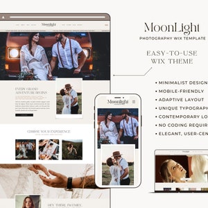 May include: A website mockup for a photography business called "Moonlight". The website features a minimalist design with a focus on showcasing the photographer's work. The website is easy to use and mobile-friendly, with a contemporary look and feel. The website includes a call to action to "Choose Your Experience".
