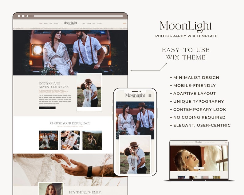 May include: A website mockup for a photography business called "Moonlight". The website features a minimalist design with a focus on showcasing the photographer's work. The website is easy to use and mobile-friendly, with a contemporary look and feel. The website includes a call to action to "Choose Your Experience".