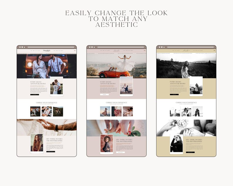 May include: Three website mockups showcasing different photography styles. Each mockup features a variety of images of couples, including a couple in a car, a couple in a field, and a couple in a forest. The text on the mockups reads "Easily change the look to match any aesthetic."