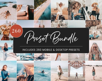 May include: A collage of images showcasing a variety of travel and lifestyle photography. The images feature beaches, landscapes, and people. The text "260 Preset Bundle" and "Includes 260 Mobile & Desktop Presets" is displayed on a black background.
