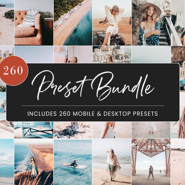 Può includere: Un collage di immagini che mostrano una varietà di fotografie di viaggio e stile di vita. Le immagini presentano spiagge, paesaggi e persone. Il testo "260 Preset Bundle" e "Includes 260 Mobile & Desktop Presets" è visualizzato su uno sfondo nero.
