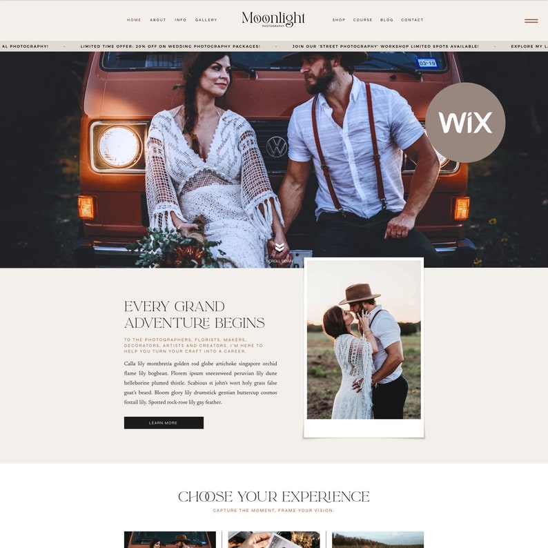 May include: A couple poses in front of a vintage van, the woman in a white dress and the man in a red shirt and suspenders. The text "Every Grand Adventure Begins" is displayed above them.