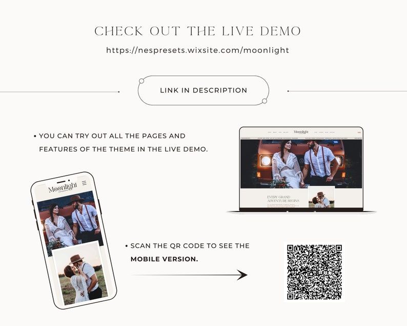 May include: A screenshot of a website with the text "Moonlight" and the words "Every great adventure begins" on the screen. The website is shown on a laptop and a mobile phone. A QR code is also shown, which can be scanned to see the mobile version of the website.