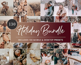 Puede incluir: Un collage de imágenes que presentan una variedad de escenas navideñas, incluyendo una pareja en un bosque nevado, una familia decorando un árbol de Navidad y una acogedora sala de estar con una chimenea. El texto "130 Holiday Bundle" y "Includes 130 Mobile & Desktop Presets" se muestra en un fondo rojo.