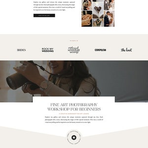 May include: Website homepage for Moonlight Photography, featuring a couple in front of a vintage van, a photographer holding a camera, and a collage of wedding photos. The website offers photography services, workshops, and tips and inspiration for photographers.