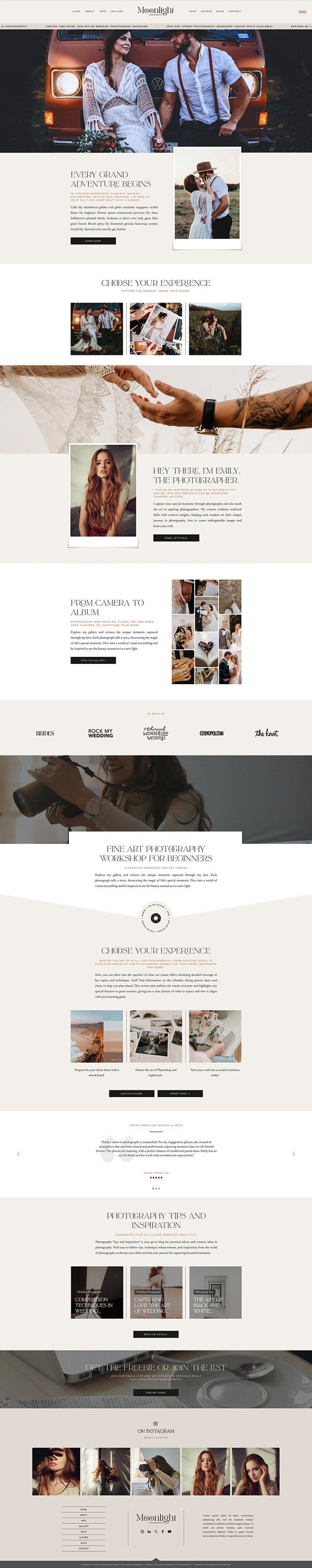 May include: Website homepage for Moonlight Photography, featuring a couple in front of a vintage van, a photographer holding a camera, and a collage of wedding photos. The website offers photography services, workshops, and tips and inspiration for photographers.