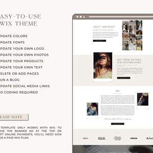 May include: A website screenshot showing a Wix theme for photographers. The website features a light beige background with a header that says "About Midnight". The website also features a section with a photo of a woman and the text "Hey there, I'm Emily, the photographer".