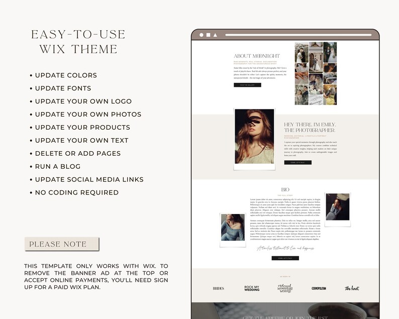 May include: A website screenshot showing a Wix theme for photographers. The website features a light beige background with a header that says "About Midnight". The website also features a section with a photo of a woman and the text "Hey there, I'm Emily, the photographer".