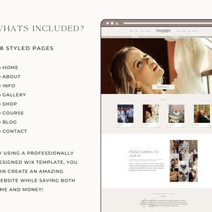 May include: A website mockup for a photography business called Moonlight. The website features a light brown background with a white header and a black and white photo of a woman in a white dress. The website includes a list of pages, including Home, About, Info, Gallery, Shop, Course, Blog, and Contact. The website also includes a section titled "From Camera to Album" with a collage of photos.
