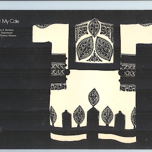 May include: Black and white illustration of a traditional garment with intricate patterns. The title "Cut My Cole" is printed at the top of the image. The text below the title reads "Dorothy K. Burnham, Textile Department, Royal Ontario Museum."