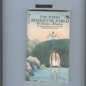 May include: A vintage paperback book titled "The Wood Beyond the World" by William Morris. The cover art depicts a fantasy scene with a woman in a white dress in a pond, a castle, and lush greenery. The book is a fantasy novel.
