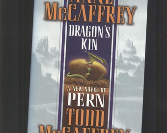 May include: Book cover for "Dragon's Kin", a new novel of Pern by Anne McCaffrey and Todd McCaffrey. The cover features a purple background with a dragon hatching from an egg.