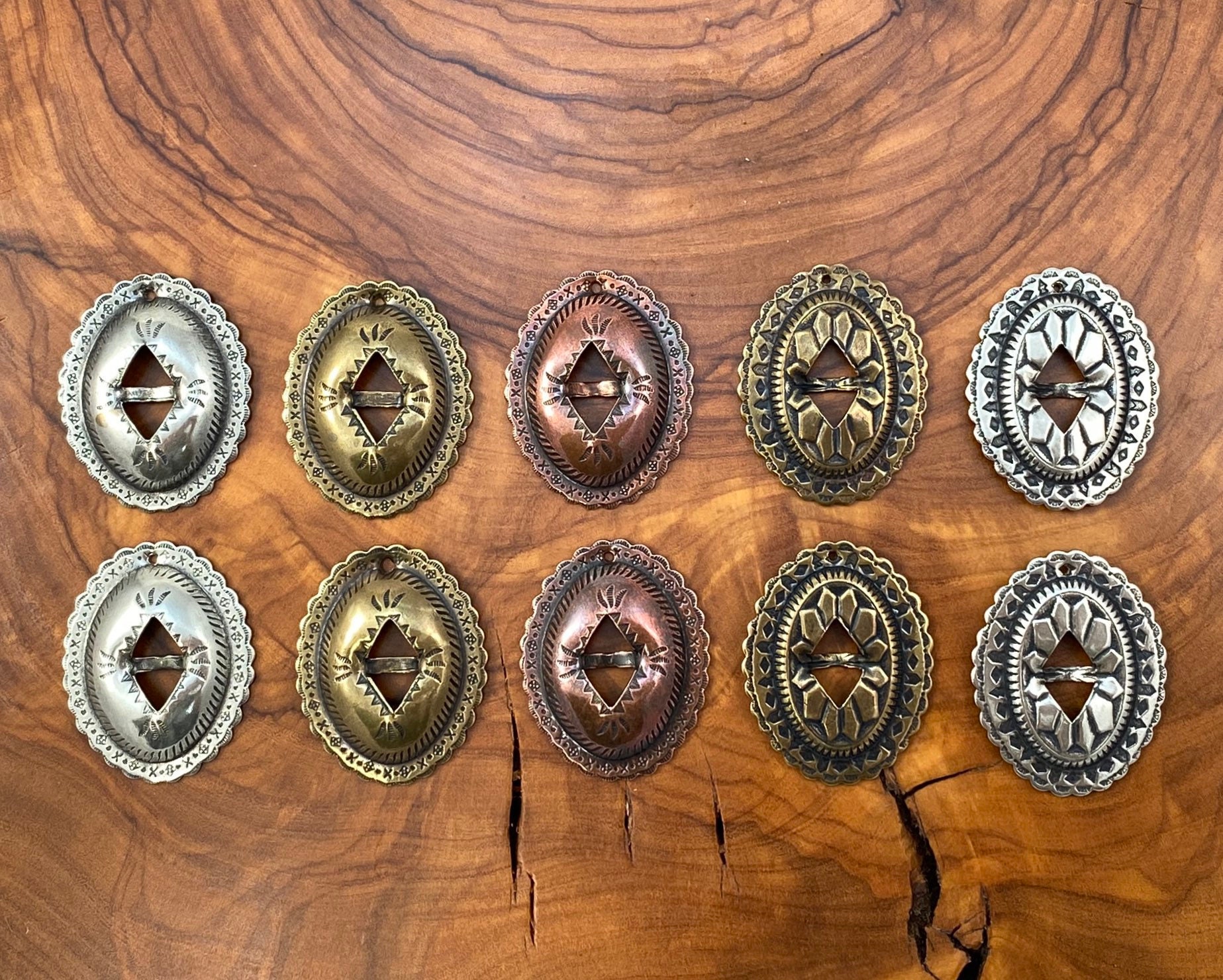 12 Small Pre-Drilled Conchos, ready for ear wires or jump rings. Choice of metal. For DIY earrings, keychains, etc. 2 design options