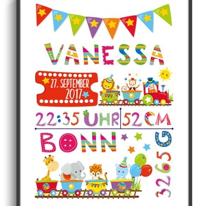 Personalisiertes Geburtsbild DIN A4 Zirkus 2, Junge & Mädchen, Geburtsposter individuell mit Geburtsdaten, Geschenk Baby Geburt