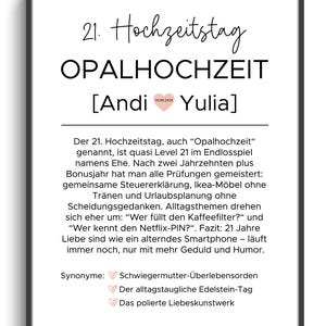 Könnte beinhalten: Ein gerahmter Druck mit schwarzem Rand zeigt den Text "21. Hochzeitstag OPALHOCHZEIT [Andi Yulia] 10.09.2024". Der Text ist schwarz, mit einem Herzsymbol. Der Druck feiert den 21. Hochzeitstag, auch bekannt als Opalhochzeit.