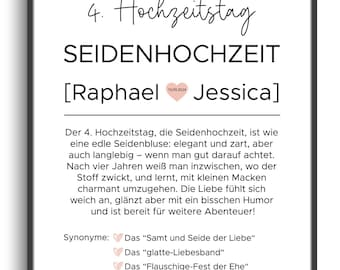 Poster DIN A4 Personalisiert Definition Seidenhochzeit, 4. Hochzeitstag Geschenk, Individuelles Ehe Jubiläum Bild, Geschenkidee Jahrestag